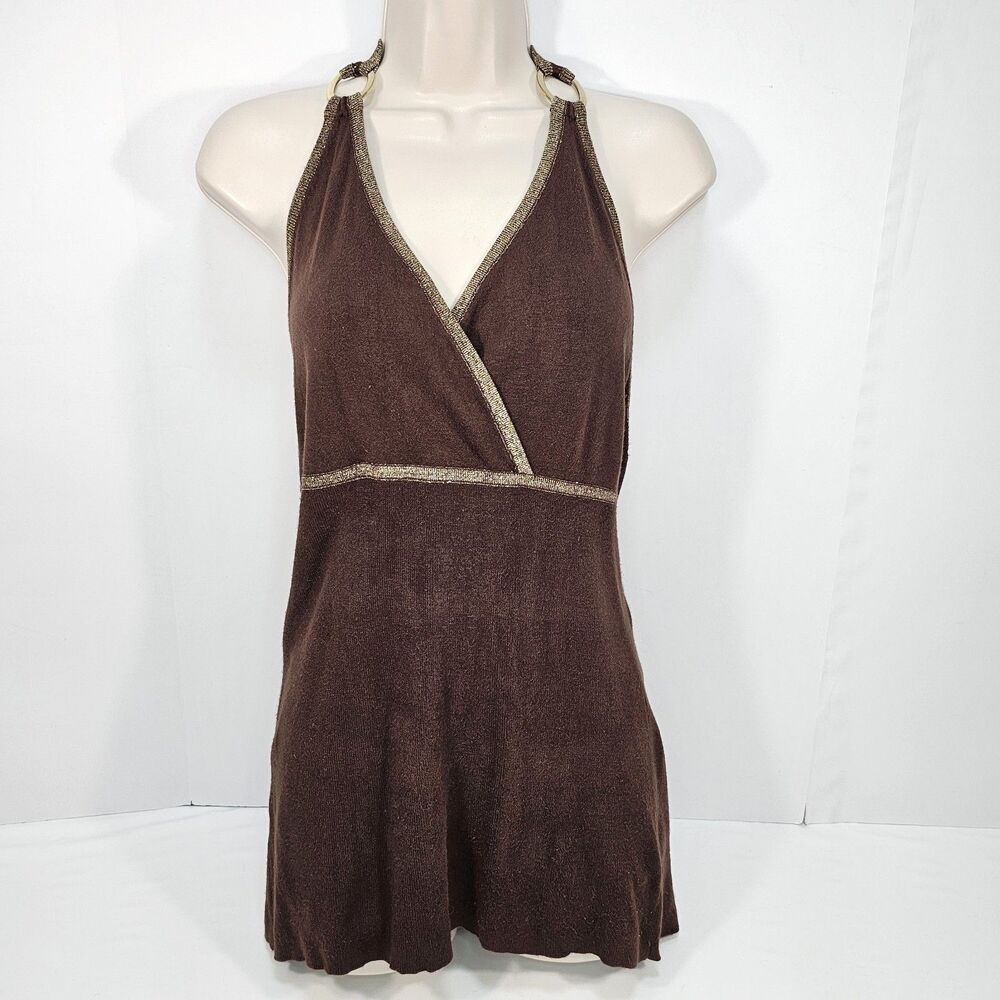 Cache Y2K Vintage Brown Metallic Gold Trim Shimmer Backless Halter Top Size L